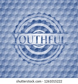 Youthful blue emblem with geometric pattern background.