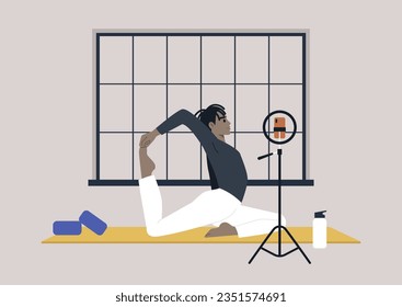 A youthful character engrossed in a yoga session, adopting the king pigeon pose, radiating serenity and tranquility, an online workout scene