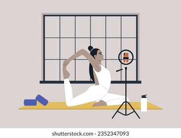 A youthful character engrossed in a yoga session, adopting the king pigeon pose, radiating serenity and tranquility, an online workout scene