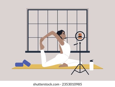 A youthful character engrossed in a yoga session, adopting the king pigeon pose, radiating serenity and tranquility, an online workout scene