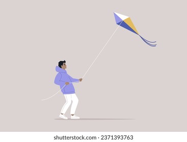 A youthful character flying a kite on a breezy day