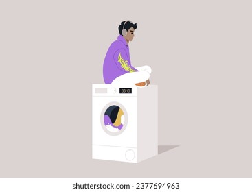 A youthful character in a hoodie, wearing oversized headphones, seated atop a washing machine while patiently awaiting the completion of their laundry