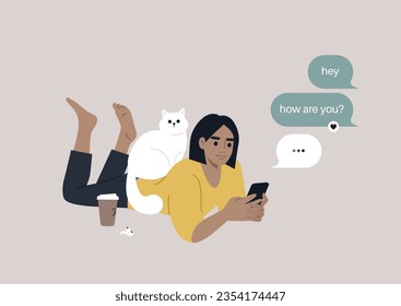 A youthful character reclining on their stomach, engrossed in checking their mobile phone's messenger app, meanwhile, a cat perches on their back, seeking attention