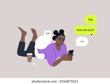 A youthful character reclining on their stomach, engrossed in checking their mobile phone's messenger app, meanwhile, a cat perches on their back, seeking attention