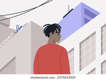 A youthful character strolling alone through the bustling downtown of a city, enveloped by skyscrapers and illuminated by neon signs