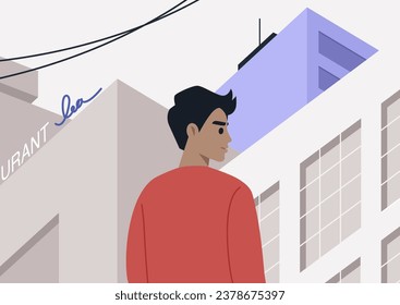 A youthful character strolling alone through the bustling downtown of a city, enveloped by skyscrapers and illuminated by neon signs