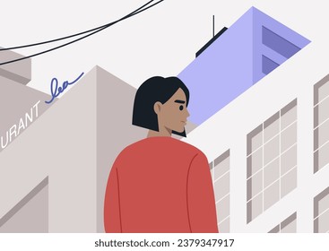 A youthful character strolling alone through the bustling downtown of a city, enveloped by skyscrapers and illuminated by neon signs