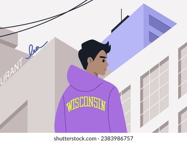 A youthful character strolling alone through the bustling downtown of a city, enveloped by skyscrapers and illuminated by neon signs
