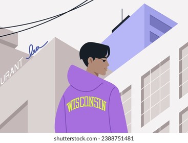 A youthful character strolling alone through the bustling downtown of a city, enveloped by skyscrapers and illuminated by neon signs