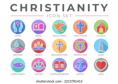 Youthful Christianity Icon Set with Faith, Bible, Crucifixion , Baptism, Church, Resurrection, Holy Spirit, Saints, Commandments,Light, Protection, Justice, Safety and Love Thin Icons