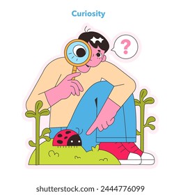 A youthful explorer delves into the wonders of nature, magnifying glass in hand, with curiosity sparkling in their eyes. A playful take on the quest for knowledge. Vector illustration.