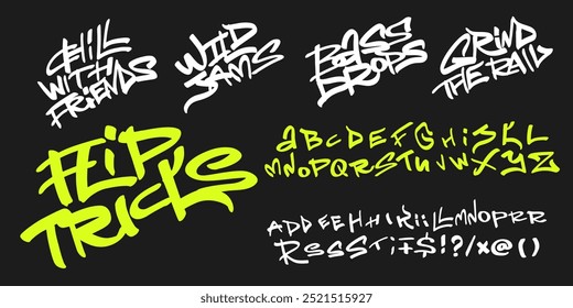 Fonte jovem com aspas de skatista. Grafite de rua grunge estilo tag lettering set. Inscrições, palavras, frases em letras maiúsculas. Ilustração isolada do conjunto de vetores da moda.