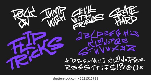 Youthful font with skater quotes. Textures rebellious hope text lettering stylish design for t shirt. Typo letters set. Vector