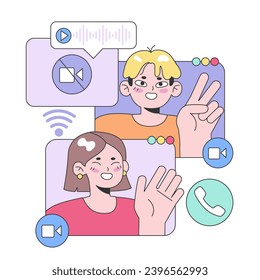 Youthful friends engaging in a joyful digital interaction, sharing videos, making calls, and enjoying the essence of modern communication. Flat vector illustration