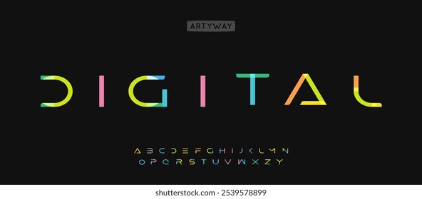 Youthful futuristic alphabet, wide geometric letters, vibrant colorful font for tech logos, playful headline, colorful typography, artistic design. Vector typeset.