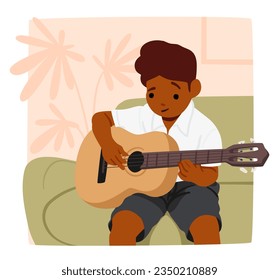 Un Joven Guitarista Gana Con Alegría, Dedos Bailando Sobre Cadenas. Los Ojos Inocentes Se Fijan En El Instrumento, Perdidos En Melodías De Imaginación Y La Belleza De La Música. Ilustración de vectores de personas de caricatura