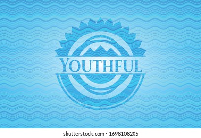 Youthful light blue water style emblem. Vector Illustration. Detailed.