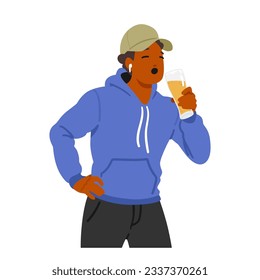 Youthful Male Character Indulges In Beer Consumption. Black Man Enjoying The Taste And Social Atmosphere, While Exercising Responsible Drinking Habits. Cartoon People Vector Illustration