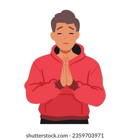 Youthful Man Bows In Prayer, Eyes Closed, Hands Clasped, A Portrait Of Devotion And Hope Emanating From His Serene Countenance. Male Character Praying. Cartoon People Vector Illustration