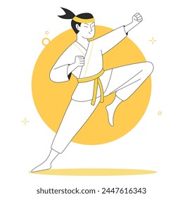 A youthful martial artist man with a yellow belt performs dynamic karate moves, embodying discipline and strength on a stylized background. Vector flat illustration for web or app design