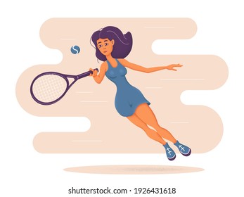 Youthful pretty girl playing tennis. Cute young woman with tennis racquet in graceful  jump ready to hit the ball
