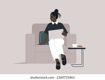 A youthful and self-assured woman sits comfortably on a sofa, immersed in her daily activities, her laptop open and at hand