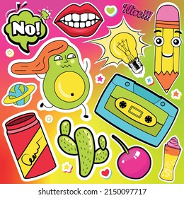 Youthful, trendy background with cool stickers of crazy, weird characters of avocado, pencil, cassette, cherry, cactus, light bulb, cocktail, soda, lips, planet, chat. Vector, pop art collection, set.