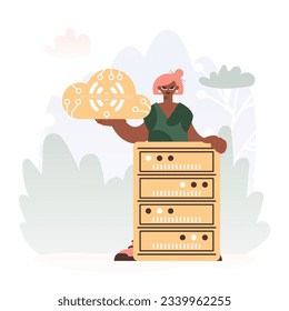Youthful woman Getting a handle on the IoT Image Within the middle of a Organize of Servers, Symbolizing the Interconnectivity and Mechanical Headways of Progressed Times.
