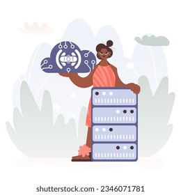 Youthful woman Getting a handle on the IoT Picture Internal parts the center of a Organize of Servers, Symbolizing the Interconnectivity and Mechanical Headways of Progressed Times.