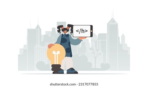 The youthful woman is holding a browser window with a programming picture, and to boot standing near a colossal light bulb. Trendy style, Vector Illustration