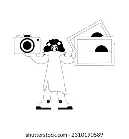 The youthful woman is holding photos and a camera. Tourism subject. Dim and white line craftsmanship. Trendy style, Vector Illustration