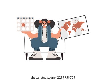 The youthful woman holds a calendar and a layout of the world in his hands. Detached on white establishment. Trendy style, Vector Illustration