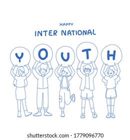 Youths character design of vector. People together. Teenagers Teamwork. Doodle illustration style.