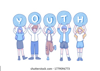 Youths character design of vector. People together. Teenagers Teamwork. Doodle illustration style.