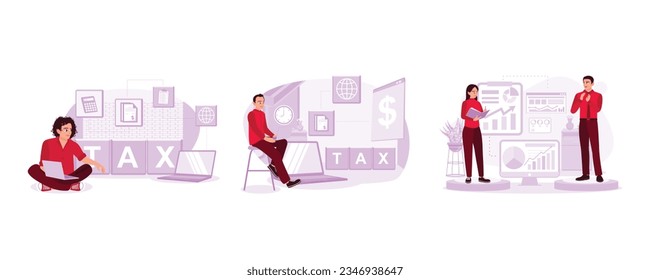 Youths fill out the income tax online form. Man filling out the SPT PPh form. Finance manager and secretary audit financial reports. Set Trend Modern vector flat illustration