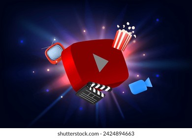 Youtube app 3d icon on space background with different media elements. Application announement concept. Vector editorial illustration. TURKEY, FETHIYE, January 16, 2024 