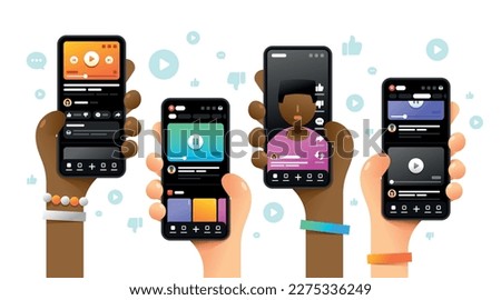 Youtube application on the smartphone screen. A lot of people watching videos. Blogging. Vector colorful phone mockup illustration