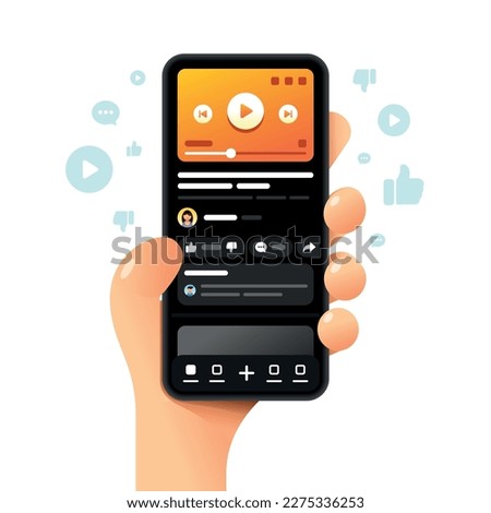 Youtube application on the smartphone screen. Comments and subscribe. Blogging. Vector colorful phone mockup illustration