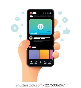 Aplicación de video en el smartphone. Compartir, me gusta y no me gusta. Blog. Pantalla principal. Ilustración de la parodia de un teléfono de color vectorial