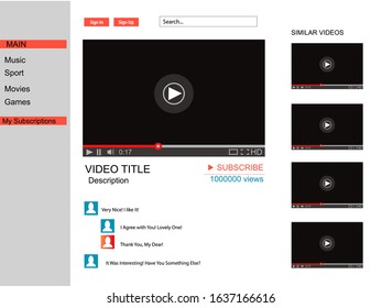 Youtube concept. Vector browser window with video player web site mock up. User Comments. Media Player template. Video player Interface