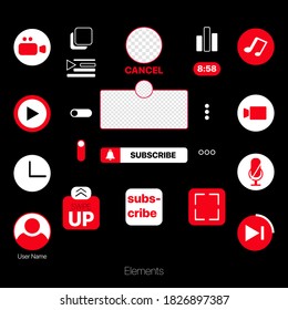 Youtube Elements Set For Video Blog Design. Youtube Icons. Subscribe Button, Swipe Up, Profile Icon, Play Button