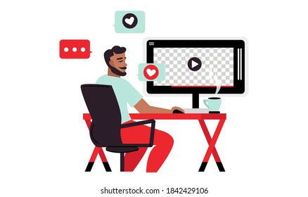 Youtube Illustration. Blogger Drink a Coffee and Watch a Video. Flat Vector Illustration