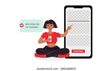 Youtube Illustration. Girl Shows On Smartphone Vector Hand Drawn Illustration