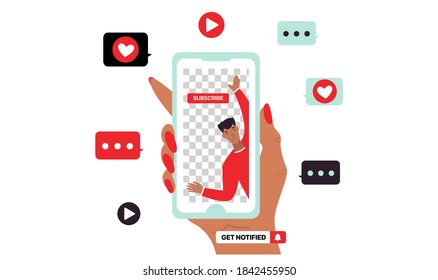 Youtube Illustration. Smartphone in Women Hand With Flying Social Media Icons. Flat Vector Illustration