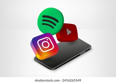 Youtube, Instagram, Spotify mobile application buttons with smartphone. Vector editorial illustration with 3d icons. TURKEY, FETHIYE, January 9, 2024 