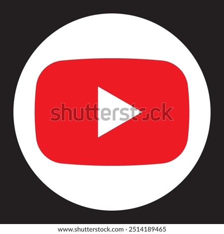 YouTube logo icon design red round corners rectangle white rectangle inside video, music paly button on white background.