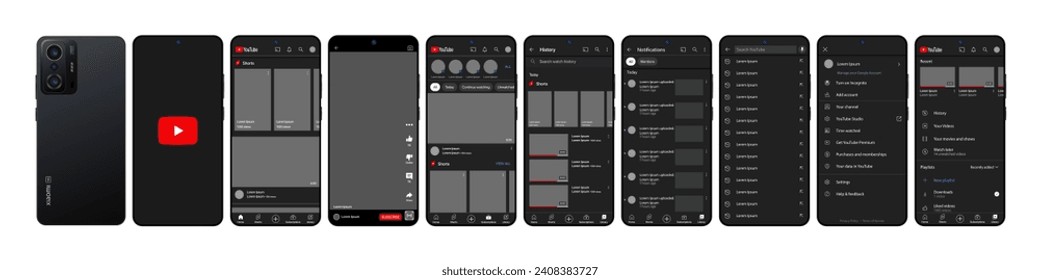 YouTube mobile interface in Xiaomi Redmi11T. You Tube screen social media, video hosting interface template. Homepage, logo, recommendations, subscription, profile. Dark theme. Editorial illustration