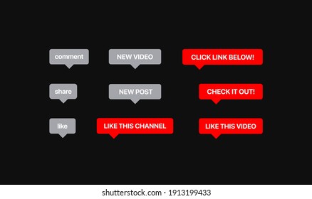 Youtube Social Media Message Notification. Red and Grey Flat Buttons. Vector Illustration On Black Background.