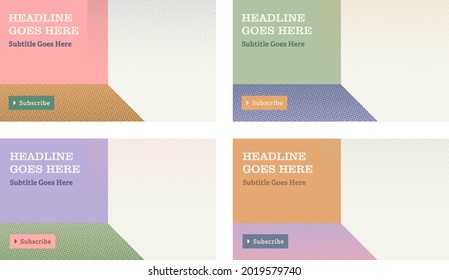 youtube social media video streaming channel thumbnail template set of four with vintage colour scheme and halftone gradient effect