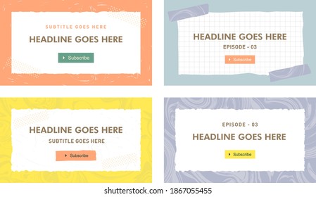 youtube streaming service video thumbnail template set of four, social media graphic resources. Fashion trendy digital abstract watercolor marble texture style background with placeholder texts.